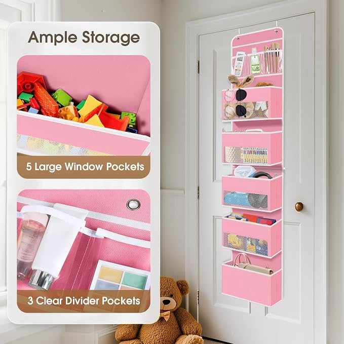 SpaceHacks 6-Tier Over The Door Organizer Hanging Storage Organizers with Clear Window 40lb Large Capacity Room Organizer for Pantry Bathroom Nursery Closet(Pink)