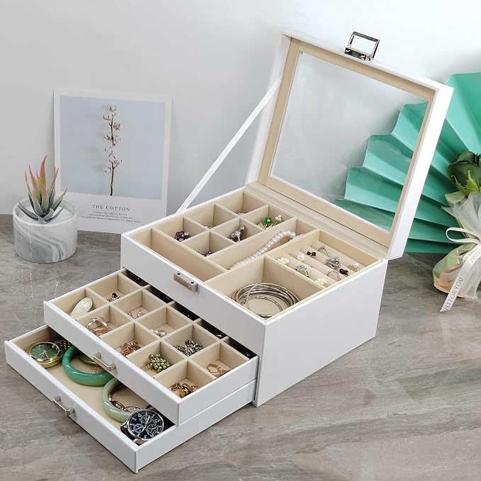 BOOVO Clear Lid Jewelry Box,3 Layers Jewelry Organizer Large Jewelry Storage Box with 2 Drawers,Jewelry Holder Organzier of Rings Earrings Necklace Bracelets for Women (White, 3 Layer)