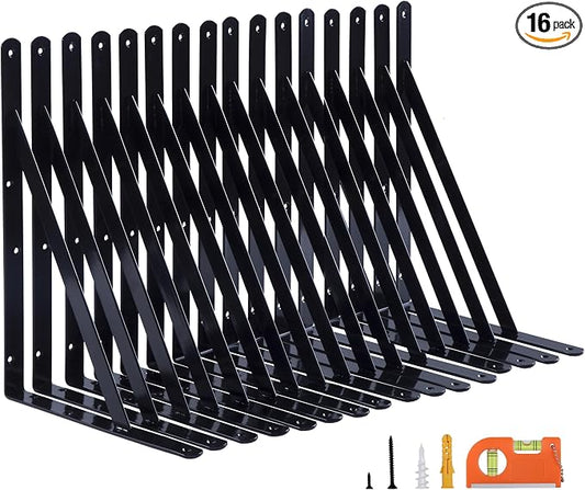 NEODROP 16-Pack 14 Inch Heavy Duty Shelf Brackets, Large Wall Bracket for Garage Kitchen Floating Shelves, Black Powder-Coated Steel