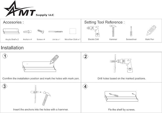 AMT 2 Pack Acrylic Floating Shelves, 15" L x 4" W, Clear Bathroom Wall, Bookshelves, Invisible Display for Office, Bedroom, Small Gap Allows Water to Escape, Free Screws & Drill Bit (L- New Model)