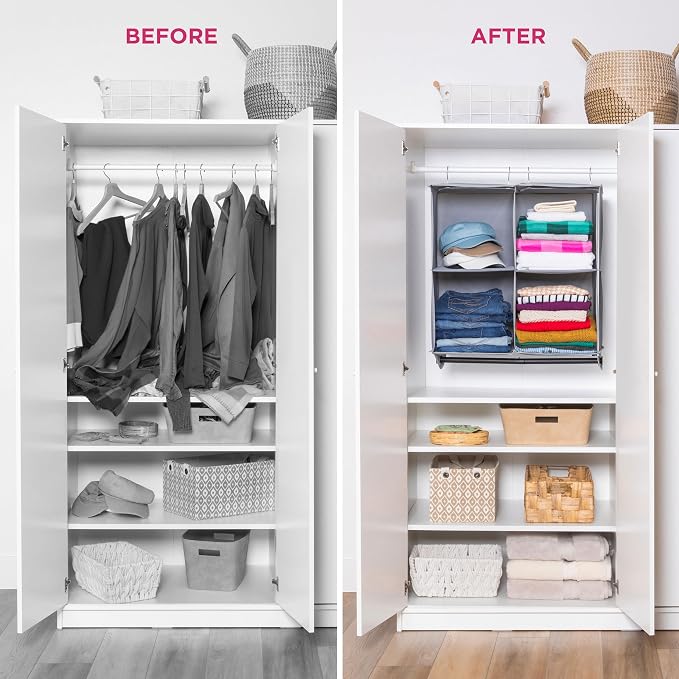 HOLDN’ STORAGE Hanging Closet Organizer with Garment Rod, 4-Shelf | Heavy Duty Hanging Shelves for Clothes, Sweaters & Shoes, 600D Fabric Storage Unit with Built-in Clothing Rod, Grey