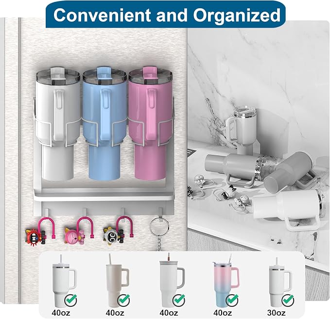 EASTTOWEST Magnetic Cup Storage Organizer Holder for Stanley 30/40 oz Tumbler,Strong Magnetic Rack for Fridge (White, 3CUPS)