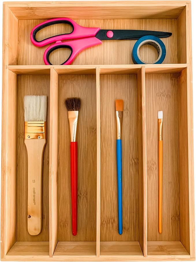 Drawer Organizer 100% Organic Bamboo| Premium Cutlery and Utensil Tray| Perfect For The Kitchen, Bathroom, Desk, etc.| Kitchen Drawer Divider with 5 Compartments