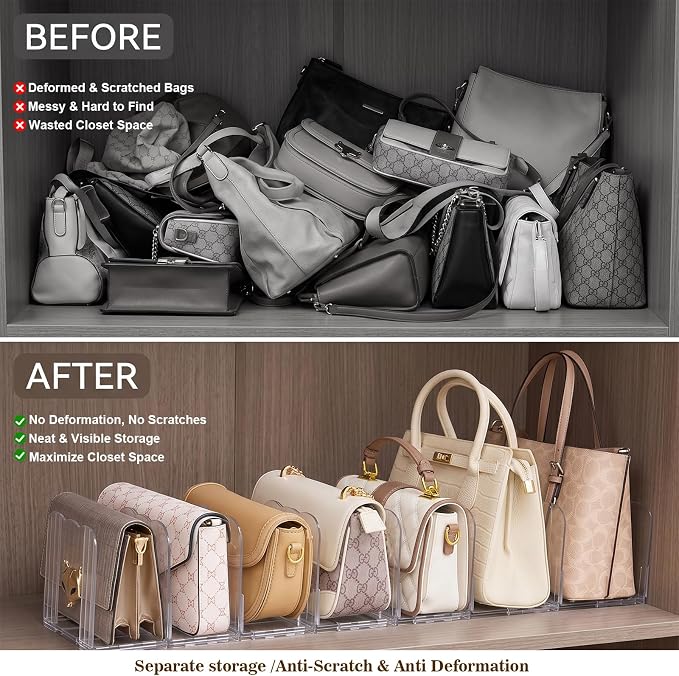 7 Pack Clear Acrylic Purse Divider, No Assembly,Adjustable Handbag Organizer, Anti-Scratch Closet Shelf Storage for Bags, Books & Files