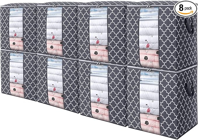 WISELIFE Storage Bags 8 Pack/100L Large Blanket Clothes Organization and Storage Containers for Comforters,Bedding, Foldable Organizer with Reinforced Handle, Clear Window, Sturdy Zippers,Gray