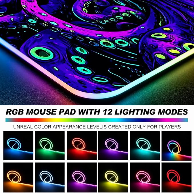 RGB Octopus Monster Gaming Desk Mat, Computer Keyboard Large Extended Cool Neon Animal LED Mouse Pad for Office and Home, 31.5×11.8 Inches, XL