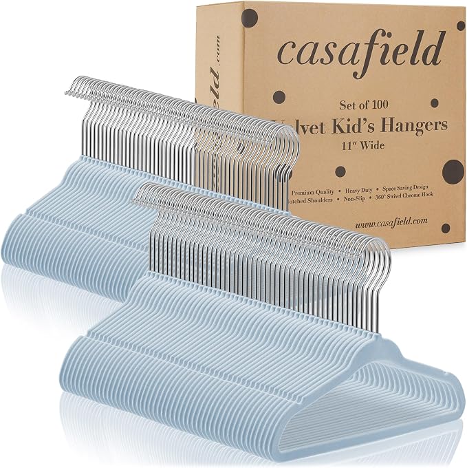 Casafield 100 Velvet Baby Hangers - 11" Size for Infant & Toddler Clothes - Light Blue