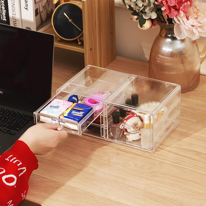 Cq acrylic Clear Stackable Storage Bins,Plastic Storage Organizer and Small Drawer Organizer With 4 Drawers for Make Up,Skincare Product,Craft,Beauty and Desktop Drawers Organizer Storage