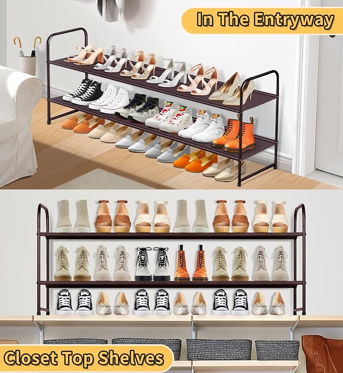 SLEEPING LAMB 2-Tier Shoe Rack for Closet, Long Stackable Wide Shoe Organizer Holds 18-Pairs Low Shoe Shelf Storage for Bedroom, Floor, Entryway (Bronze)