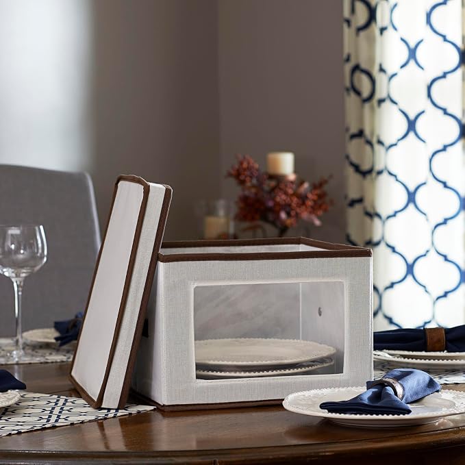 Household Essentials Dinner Plate Storage Box, Strong Frame and Handles, Windowed Panel, Fully Removable Lid, Stackable and Foldable, Perfect for Preserving Your Dinnerware