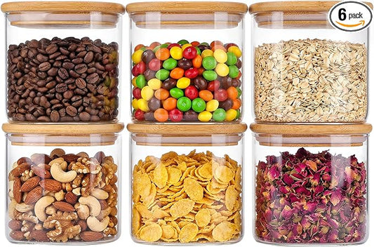 Moretoes 6 Pack 0.6qt Square Glass Storage Containers with Bamboo Lids, Airtight Food Storage Jars for Pantry, Spices, Dry Goods