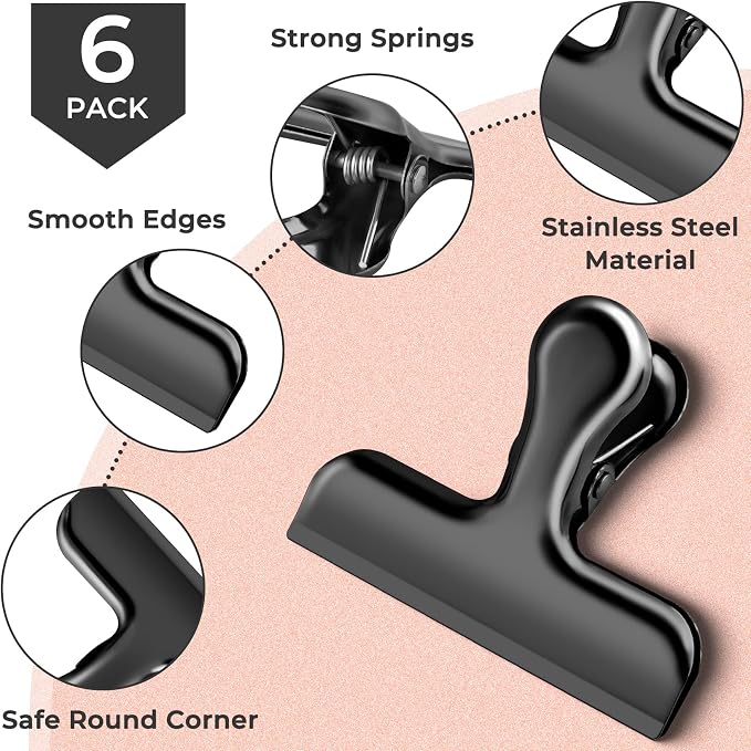 ANZNKU 6 Pack Black Chip Clips Bag Clips for Food Snack Kitchen Storage | Heavy Duty, Stainless Steel, Air Tight Seal, Durable Metal Clamps for Refrigerator Home Office, Use for Bread Coffee Paper