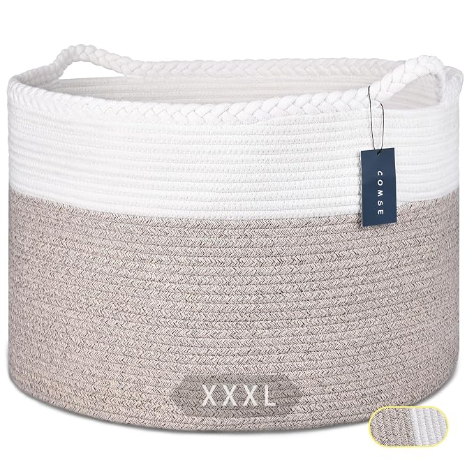 COMSE Extra Large Blanket Basket, Woven Laundry Basket, 21.7”x 13.8”, Nursery Hamper, Cotton Rope Laundry Hamper Living Room for Storage Toys Clothes Towels (White & Light Brown)