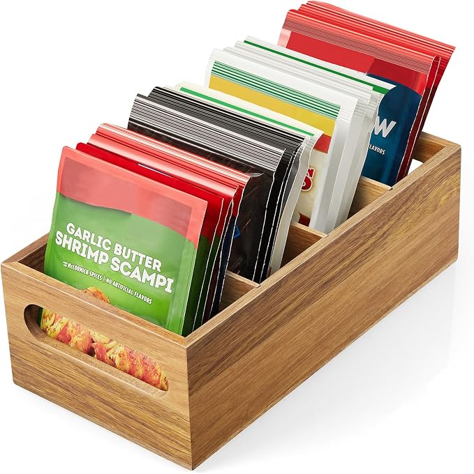 DRASTAR Pantry Organization and Storage Bins, Acacia Wood Seasoning Packet Organizer with Removable Dividers,Storage Caddy for Kitchen, Pantry, Cabinet, Countertop