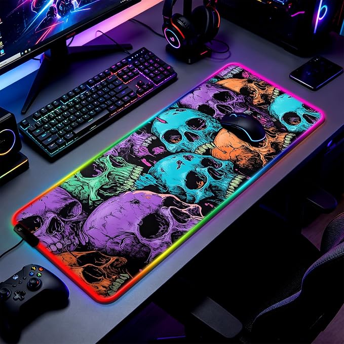 RGB Scary Skull Gaming Desk Mat, Computer Keyboard Large Extended Cool Multi-Color Skull LED Mouse Pad for Office and Home, 31.5×11.8 Inches, XL