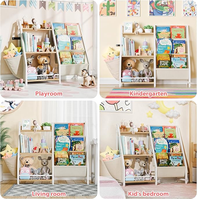 LATIBELL 3 Tier Kids Bookshelf and Toy Storage, Kids Bookcase Book Sling Shelf, Montessori Baby Toddler Bookshelf, Toy Storage Organizer, for Playroom, Bedroom, Nursery (Burlywood)