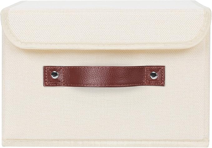 ANMINY Storage Bin with Lid Storage Boxes with PU Leather Handles PP Plastic Board Decorative Foldable Lidded Cotton Linen Fabric Home Cubes Baskets Closet Organizer Container - Beige, Medium