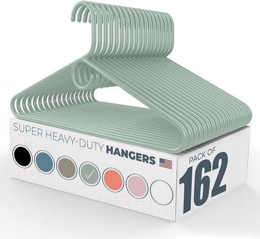 Super Heavy Duty Clothes Hangers 100+ Pack (162 Count) – Made in the USA - 10lb Capacity, Thick Plastic Hangers for Pants, Coats, Jackets, Jeans and Adult Clothing – Mint