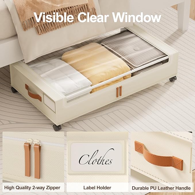 LAMU Under Bed Storage with Wheels, 2 Pack Under Bed Storage Containers with Clear Lid, XXL 60 L Underbed Storage Bins, Rolling Under Bed Metal Drawers for Clothes, Blankets, Shoes, Beige