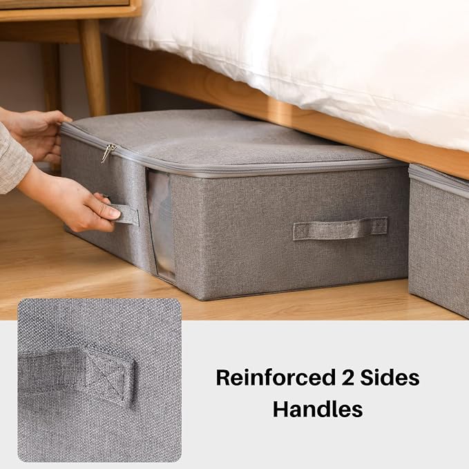 Under Bed Storage with Clear window/ 600D Sturdy Fabric, Underbed Storage Containers Bags for Clothes, Clothing, Blanket, Comforters Organizer (M（13.7x11x7in） for 8-10 T shirts, Light grey)