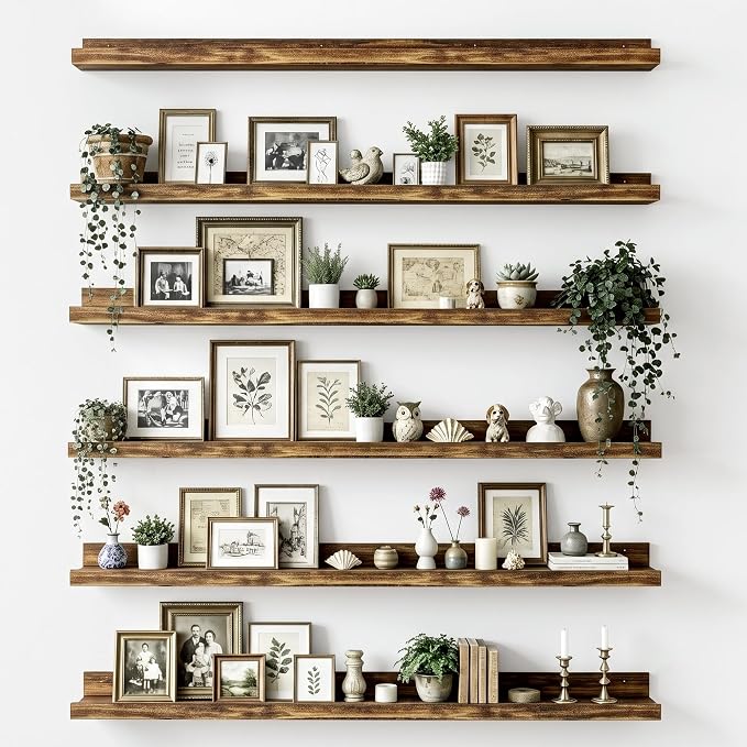 upsimples Floating Shelves for Wall, 47.3 Inch Shelves for Decor Storage Set of 6, Wall Mounted Wood Shelf for Bedroom, Living Room, Bathroom, Kitchen, Long Picture Ledge Shelves, Brown