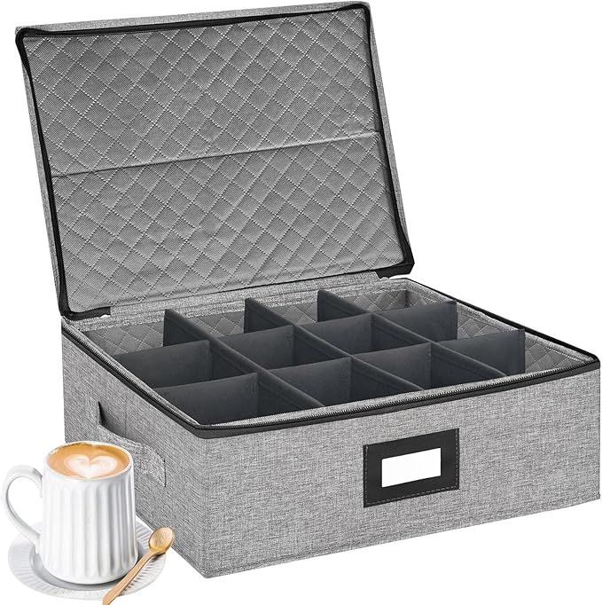 Coffee Mug Storage Box with Dividers, Durable China Storage Containers for Coffee Mugs, Tea Cups Storage Organizer with Lid, Handles, Label Window, Holds 12 Mugs, Hard Shell and Stackable (Grey)