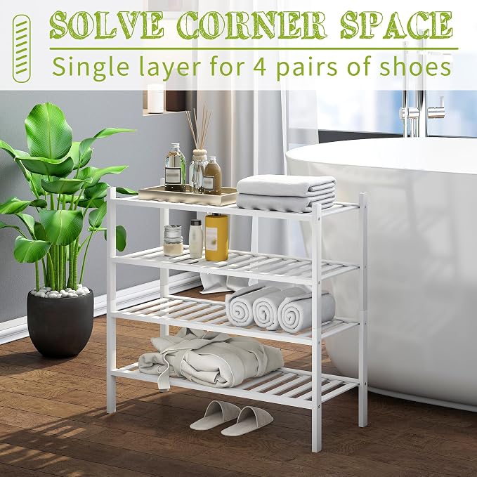 BMOSU 4-Tier Bamboo Shoe Rack Premium Stackable Shoe Shelf Storage Organizer for Hallway Closet Living Room Entryway Organizer(White Bamboo)