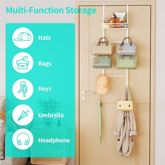 HapiRm Over the Door Purse Organizer - Wall Mounted Purse Rack with 10 Hooks and Metal Basket, Hanging Handbag Organizer Holds up to 10 Bags, Bag Rack Can Use As 1/2 Part, for Door, Closet (White)
