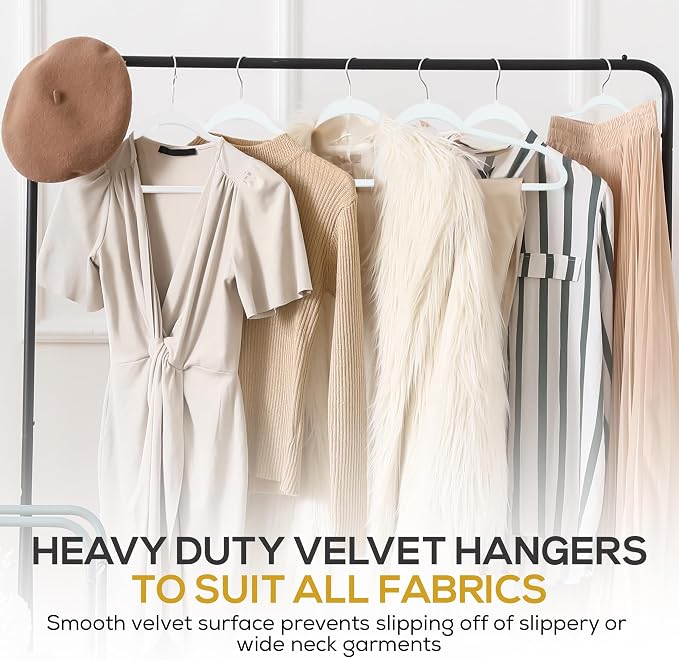 Techzoo Premium Velvet Hangers 50 Pack Ultra Thin Non Slip Adult Felt Space Saving Slim Suit Hanger for Closet Heavy Duty Coat Pants Jackets Dress Hangers 360° Swivel Hook Hold Upto 10 lbs White