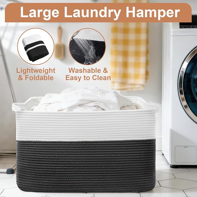 105L XXXL Large Blanket Basket, Rectangular Cotton Rope Basket, Laundry Hamper for Blankets, Pillows, Extra Large Toys Storage Bins for Kids, Dogs 25" x 16" x 16", White & Black