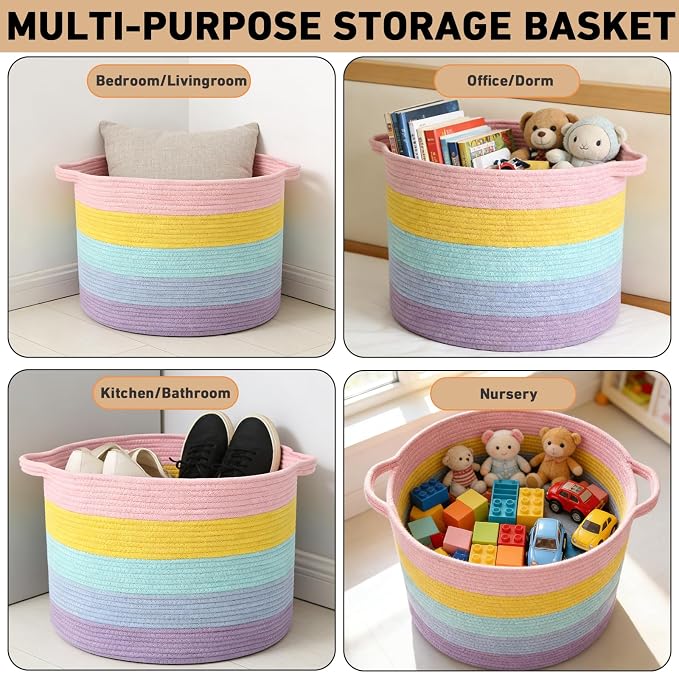 115L Large Blanket Basket,23.6" L x 23.6" W x 15.7" H Rope Woven Baskets with Handles, Toys Storage Bins,Laundry Basket Perfect for Living Room, Nursery,Bedroom,Home Organization,Colorful