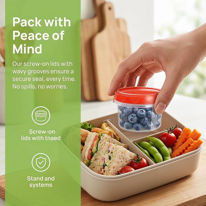 EONJOE 4oz Airtight Plastic Food Storage Containers with Lids, 6pcs | Dishwasher safe ,BPA free,Reusable,Round jars ,Perfect for salad dressing sauce lunch to go