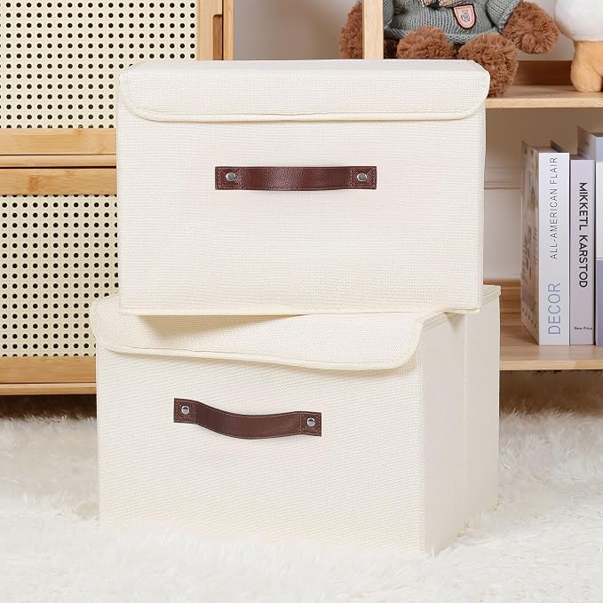 ANMINY 4PCS Storage Bin with Lid Storage Boxes with PU Leather Handles PP Plastic Board Decorative Foldable Lidded Cotton Linen Fabric Home Cubes Baskets Closet Organizer Container - Beige, Medium