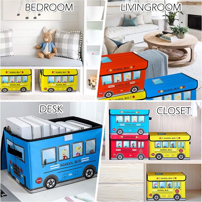 Kids Toy Chest,Collapsible Storage Cubes Organizer with Handles, Kids Toy Bin with Lids, School Bus Pattern Toy Storage Organizer for Playroom, Closet, Living Room, Kids Birthday Gifts,3 Packs