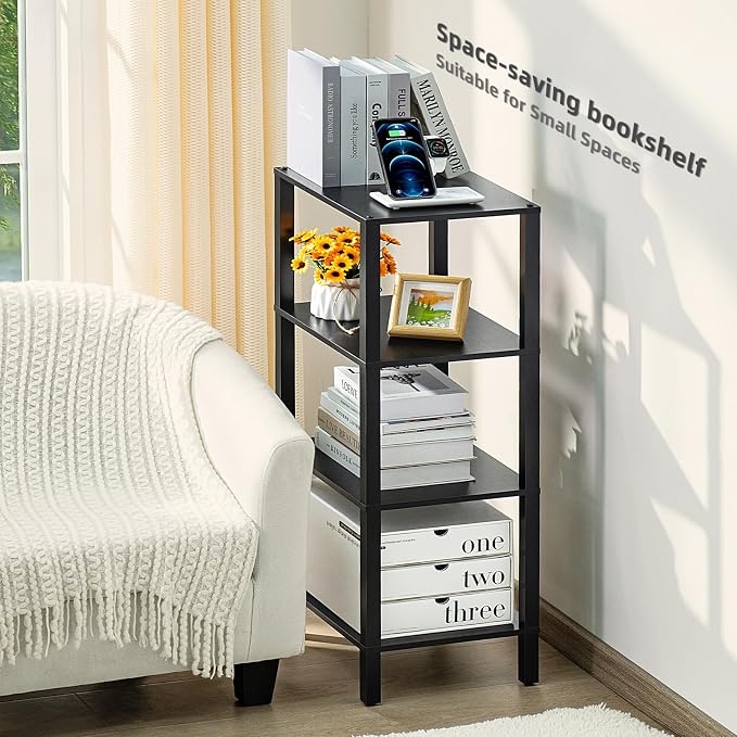 YUFAM 4 Tier Tall Wooden Bookshelf with Storage - Small Bookcase for Small Spaces, Shelf for Living Room, Office, Bedroom, Kitchen - Industrial Modern Black Book Shelf