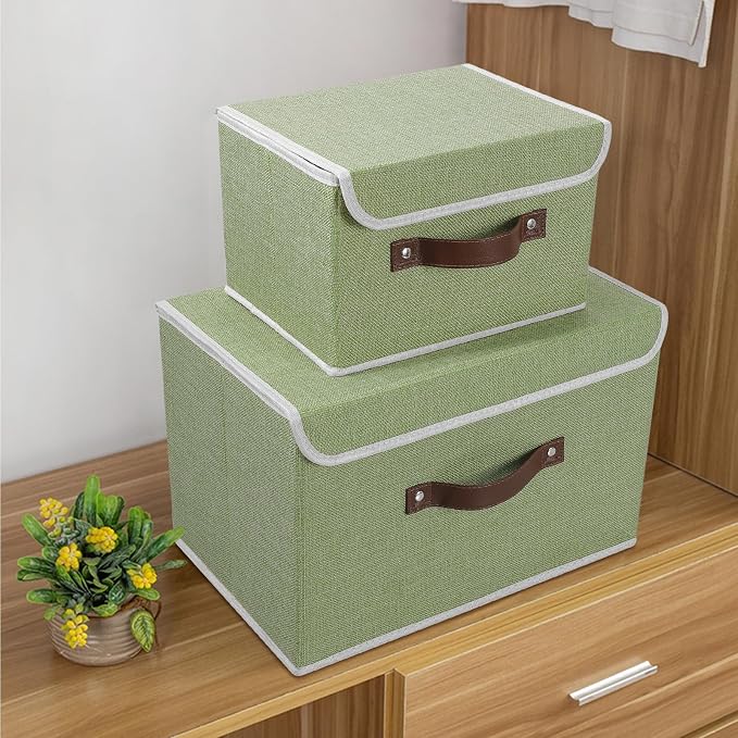 ANMINY 2PCS Storage Bin with Lid Storage Boxes with PU Leather Handles PP Plastic Board Decorative Foldable Lidded Cotton Linen Fabric Home Cubes Baskets Closet Organizer Container - Green, Medium