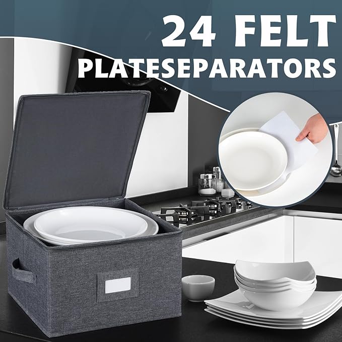 popoly China Storage Containers Hard Shell Inside 12" W x 8" H, Dinner Plate Storage Containers for Dishes, Dinnerware with 24 Felt Dividers, Hold 24 Plates, Storage Stackable (2 Pack Grey)