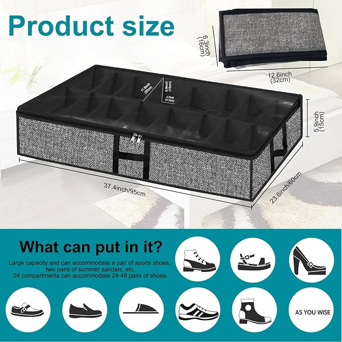 Under Bed Shoe Storage Organizer for Closet 2 Pack Fits 32 Pairs Underbed Shoes Container Boxes with Sturdy H-Handles, Foldable Shoe Rack Holder,Black
