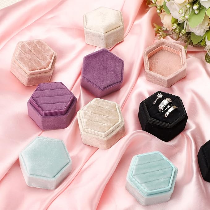 WantGor Velvet Jewelry Ring Box, 3 Slots Hexagon Ring Gift Box Ring Holder | Vintage Ring Display Case for Wedding Ceremony Proposal Engagement (Black, 3 Slots)