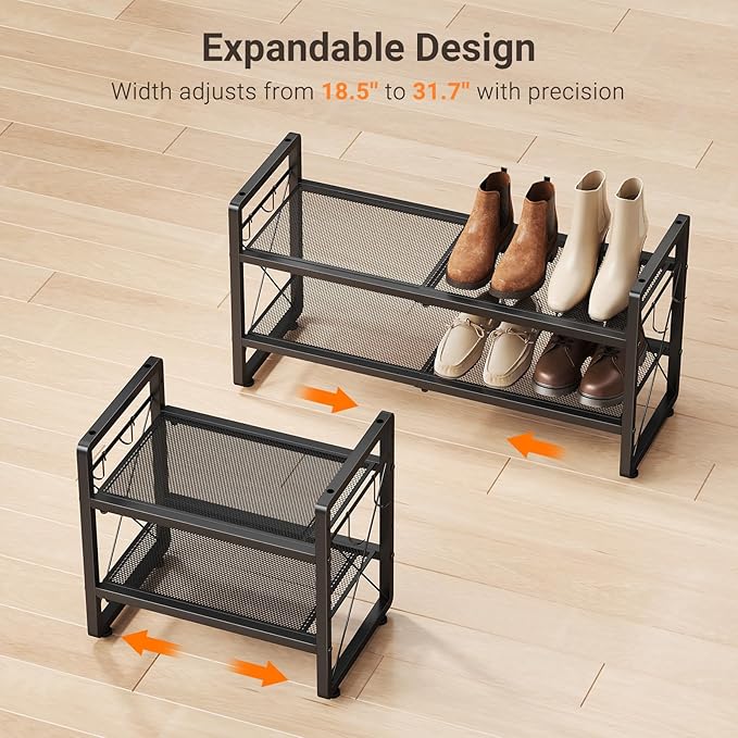 ELYKEN Shoe Rack, 2-Tier Expandable Shoe Organizer for Closet, Metal Black Shoe Shelf with 4 Hooks, Adjustable Shoe Stand Holder for Entryway, Garage, Door Entrance