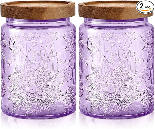 LemonRoad 2 Pcs Vintage Purple Glass Storage Jars 23.7 oz Mason Jar Canister with Wood Lids Food Storage Container for Cookie, Pantry, Candy Kitchen, Coffee, Tea, Flour, Sugar, Decorative Home Decor