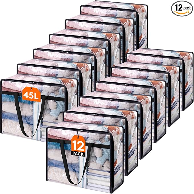 Lifewit 12 Pack Clear Clothes Storage Bags, 45L Plastic Blanket Storage Bag, Vinyl Foldable Moving Bags with Zipper, Closet Organizers and Storage Containers for Bedding, Duvet, Comforter