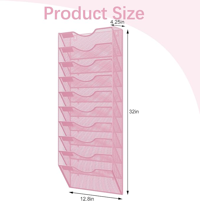 EasyPAG 10 Pocket Mesh Wall File Organizer, Hanging Paper Folder Holder with Classify Label, Vertical Wall Mount Mail Organizer for Office Home Classroom, Pink