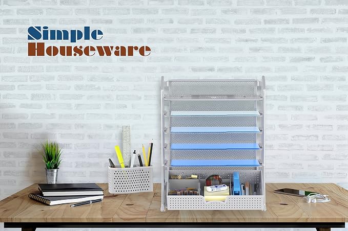 Simple Houseware 6-Tier Desk File Organizer w/Drawer & Pen Holder, Silver | 5 Tilted Letter Trays for A4 Paper, Mail and Documents