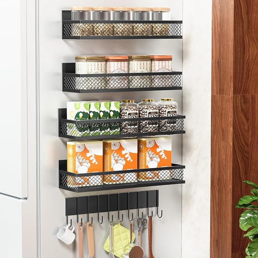 Magnetic Spice Rack for Refrigerator, 5 Pack Magnetic Shelf for Refrigerator, Moveable Fridge Magnetic Spice Racks with 10-Hook Rack for Kitchen Organizers and Storage