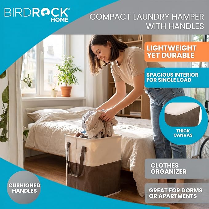 BIRDROCK HOME Square Cloth Laundry Hamper with Handles - Dirty Clothes Sorter - Easy Storage - Foldable - Brown and White Canvas
