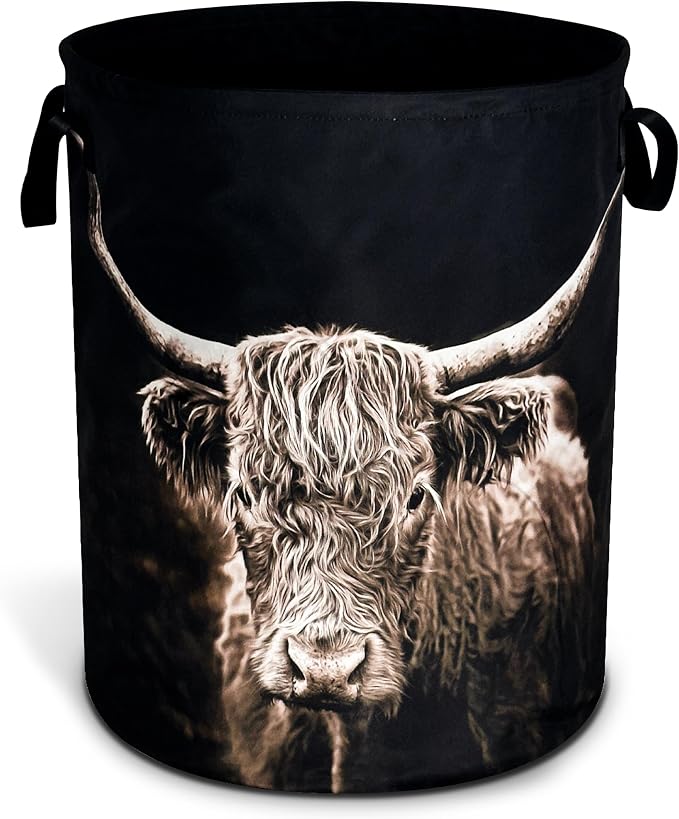 Highland Cow Laundry Basket Animal Foldable Oxford Cloth Funny Tote Bag Laundry Hamper Clothes Storage Bucket Organizer For Bathroom/Laundry Storage/Bedroom Storage Basket 18.9x16.5 Inch