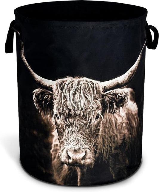 Highland Cow Laundry Basket Animal Foldable Oxford Cloth Funny Tote Bag Laundry Hamper Clothes Storage Bucket Organizer For Bathroom/Laundry Storage/Bedroom Storage Basket 18.9x16.5 Inch