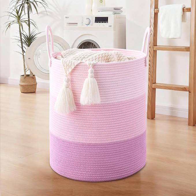 Laundry Hamper for Organizing, 52L Large Laundry Baskets, Cotton Rope Woven Blanket Basket, Collapsible Laundry Hamper for Living Room, Nursery, 15"×18", Pink