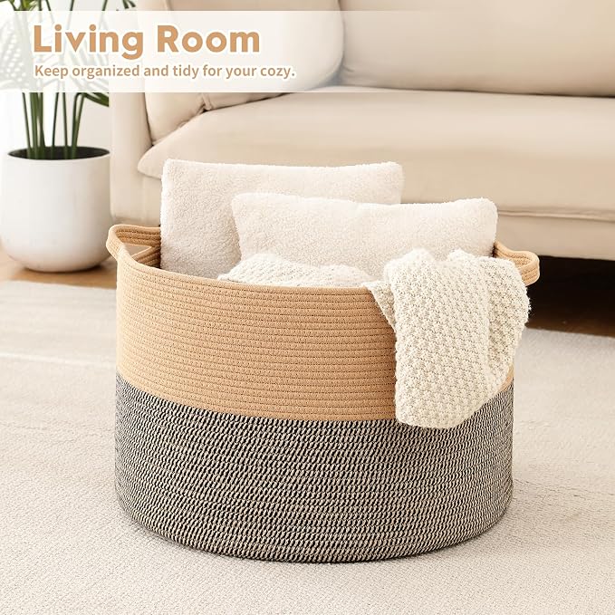 Foldable Laundry Hamper Basket with Collapsible Handle Cotton Rope Soft Woven Fabric Storage Organizer Clothes Toys Nursery Bedroom Dorm Space Saving Bin (Camel & Mix Camel, 115L(23.6"D x 15.7"H))